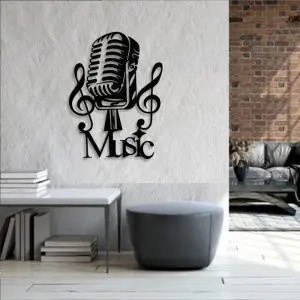 Placa Decorativa em Mdf Microfone Music Vintage